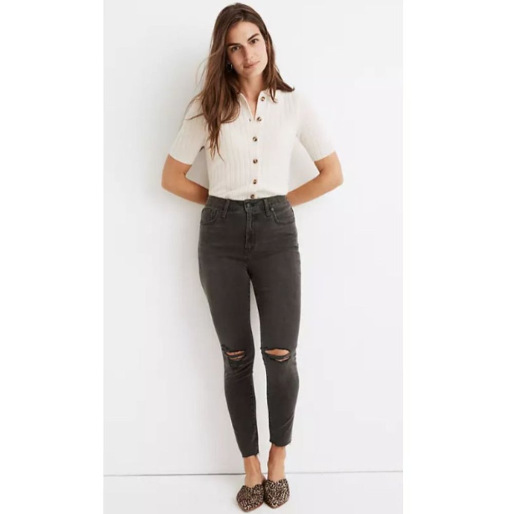 Madewell Size 36 Petite Curvy High Rise Skinny Jeans Black Distressed Rip NWT